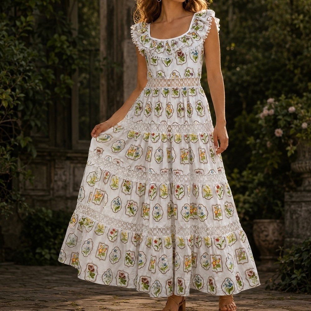 Just Me Size L Maxi Dress White Floral Embroidered Crochet Tiered Cottagecore